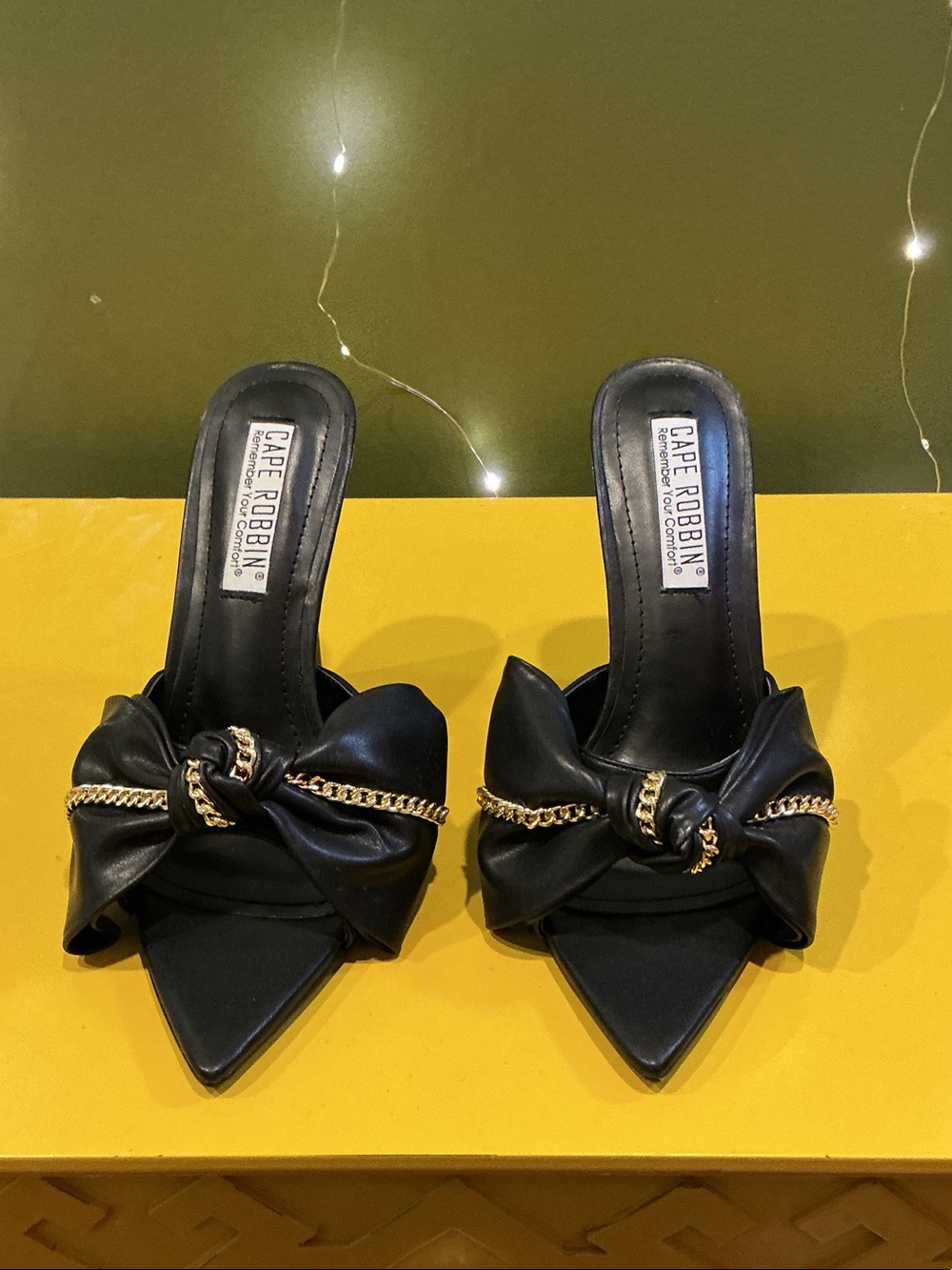Cape Robbin Black Pointed Knot Mules with Gold Chain Trim